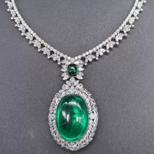 Luxury High Jewelry S925 Sterling Silver Synthetic Emerald Cabochon Pendant Necklace – Large Statement Necklace