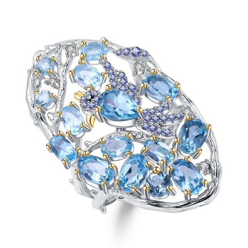 Natural Swiss Blue Topaz Gold Plated S925 Silver Ring