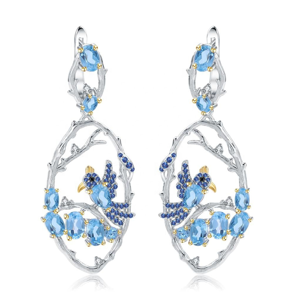 Natural Swiss Blue Topaz Nano-dsap Gold Plated 925 Sterling Silver Earrings