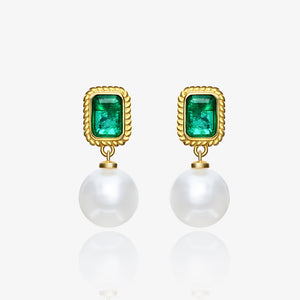 Dorra Jolla 925 Sterling Silver Created Emerald Pearl Earrings