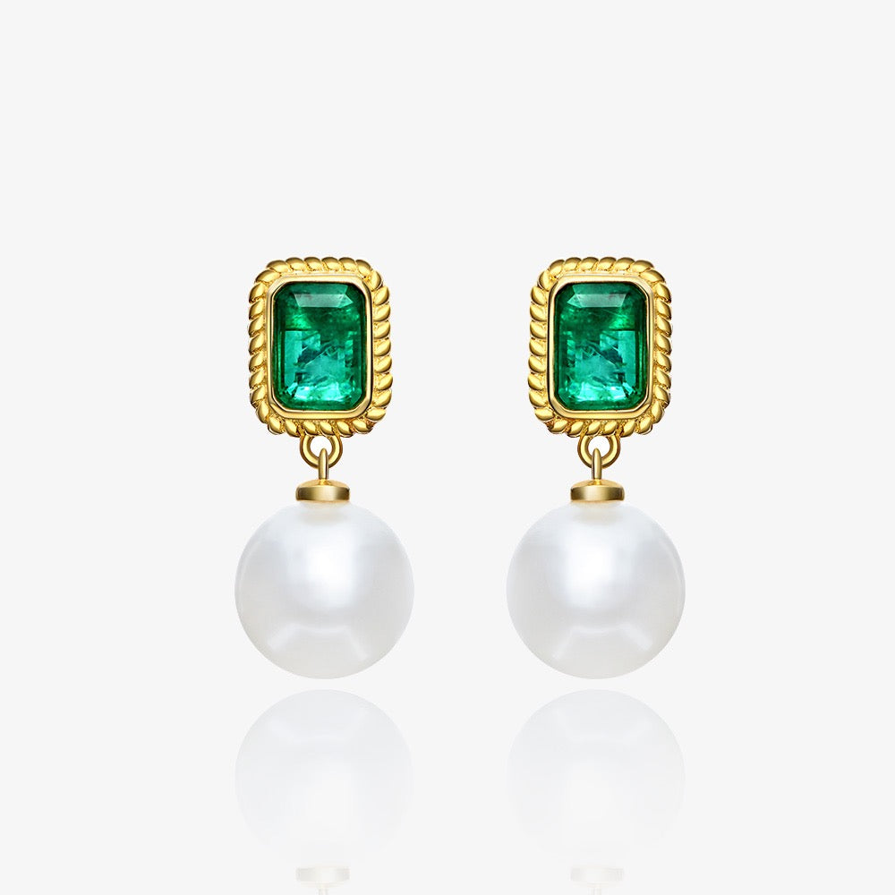 Dorra Jolla 925 Sterling Silver Created Emerald Pearl Earrings