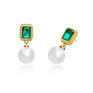 Dorra Jolla 925 Sterling Silver Created Emerald Pearl Earrings