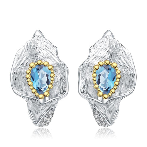 Natural Swiss Blue Topaz Gold Plated 925 Sterling Silver Earrings Handmade