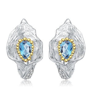 Natural Swiss Blue Topaz Gold Plated 925 Sterling Silver Earrings Handmade