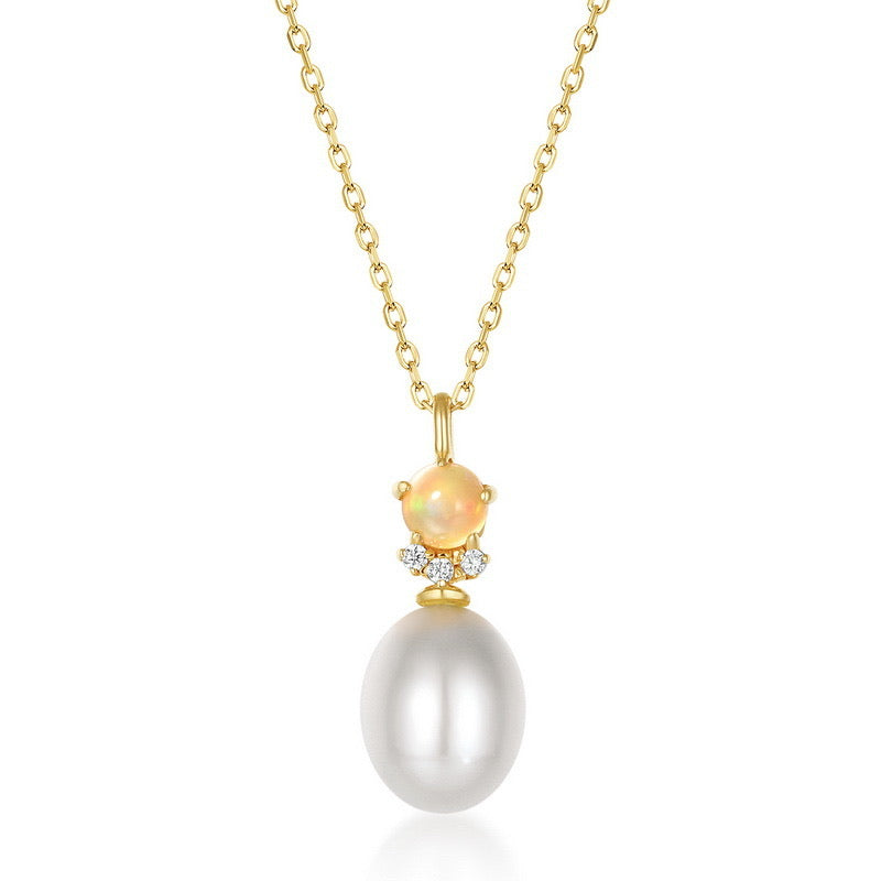 14K Gold Natural Pearl&Opal Necklace